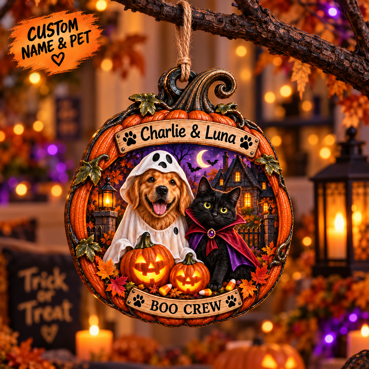 Personalized Halloween Pumpkin Custom Pet  Photo & Name Double-Side Printed Wooden Ornament