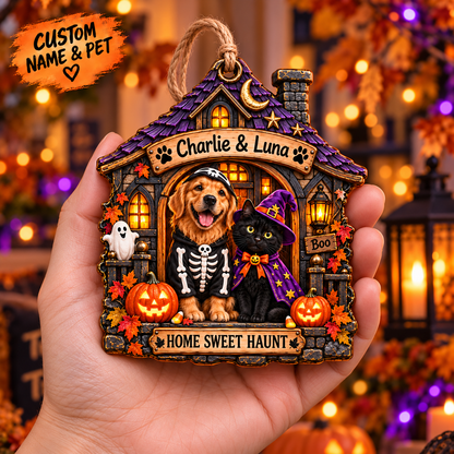 Personalized Halloween Haunted House Custom Pet  Photo & Name Double-Side Printed Wooden Ornament