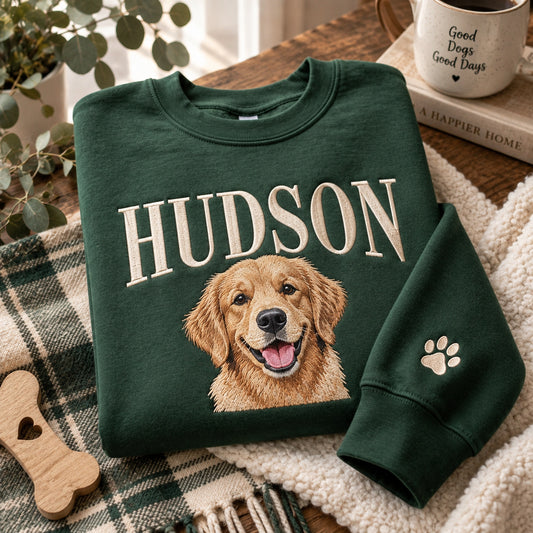Custom Embroidered Dog Portrait Sweatshirt with Pet Name, Personalized Crewneck - DL01180926