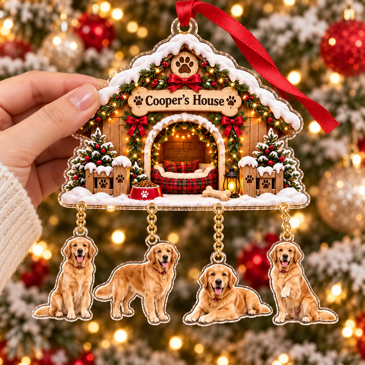 Personalized Dog Photo Christmas Ornament, Custom Dog House with Name and Hanging Photo Charms, Pet Keepsake Gift for Dog Lovers