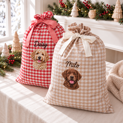 Embroidered Custom Pet Dog Cat Photo & Name Christmas Linen Gift Bag