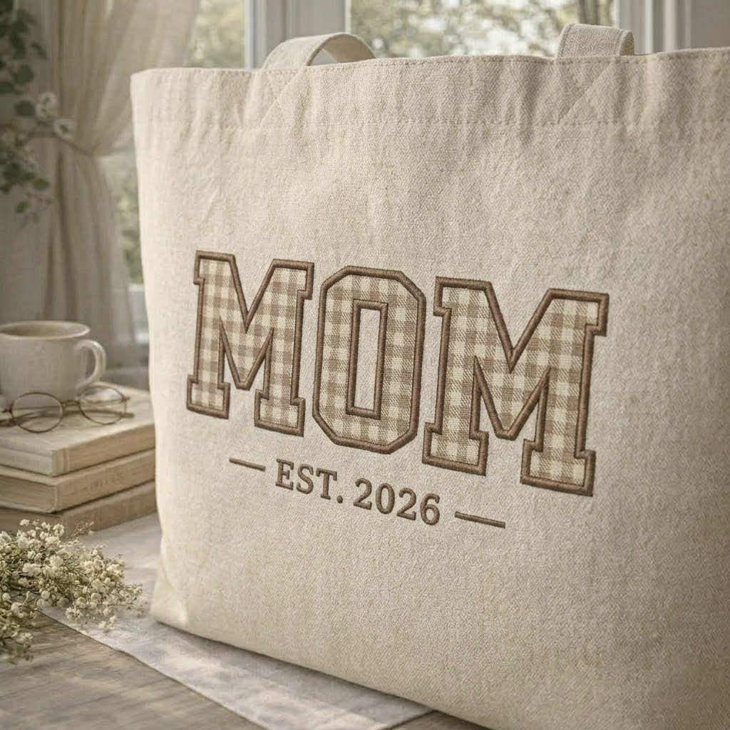 Personalized Mom Est Mother's Day Embroidered Tote Bag - Vintage Striped Beach Tote
