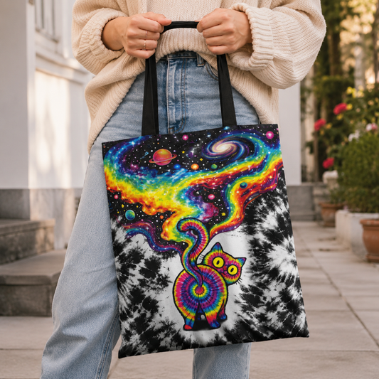 Cat Galaxy Black Pink Printed Tote Bag