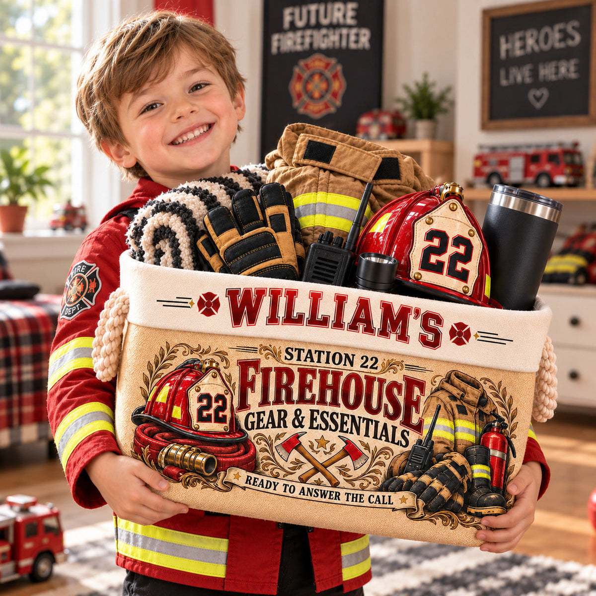 Personalized Firefighter Storage Basket, Custom Name and Station Number, Firehouse Organizer, Firefighter Gift