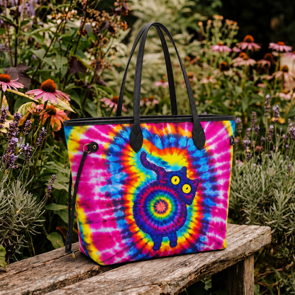 Vibrant Rainbow Tie-Dye Spiral Cat Women's Large PU Bag