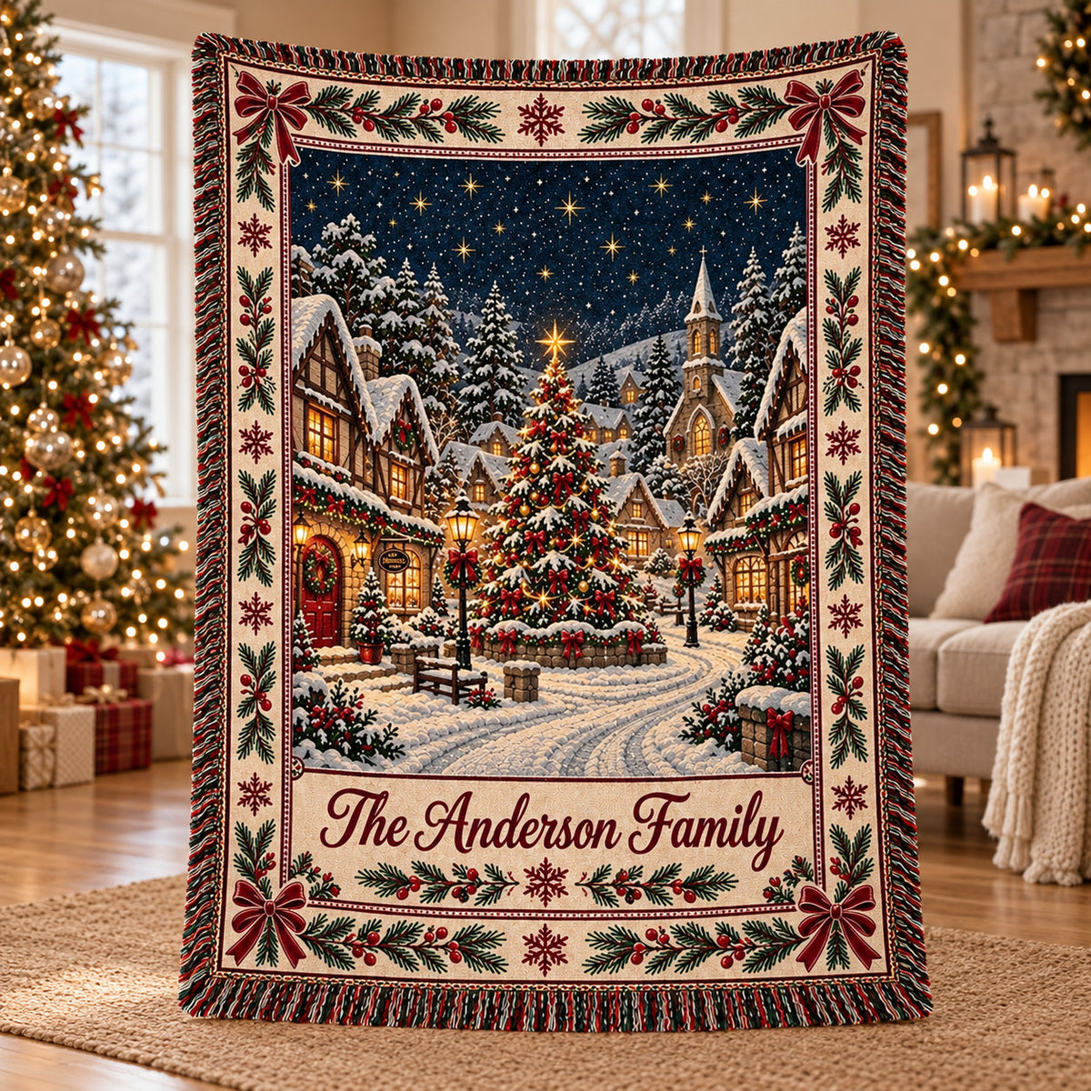 Personalized Christmas Village Woven Blanket, Custom Family Name Throw, Vintage Winter Scene Holiday Decor