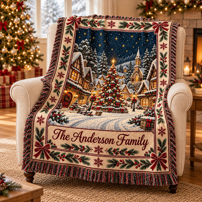 Personalized Christmas Village Woven Blanket, Custom Family Name Throw, Vintage Winter Scene Holiday Decor
