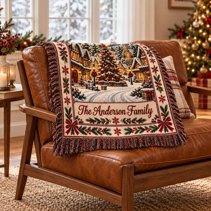 Personalized Christmas Village Woven Blanket, Custom Family Name Throw, Vintage Winter Scene Holiday Decor