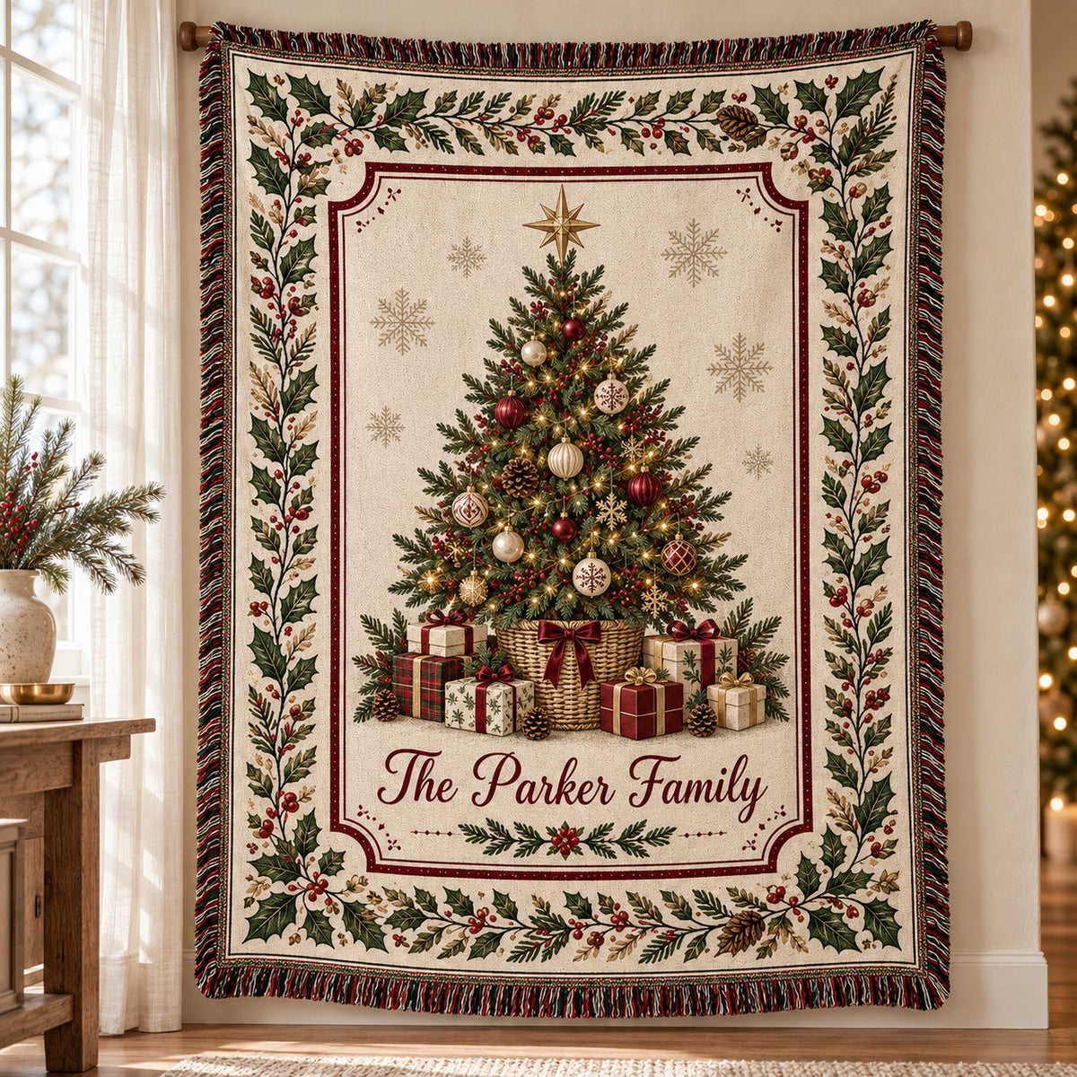 Personalized Christmas Tree Woven Blanket, Custom Family Name Throw with Vintage Holly Berry Border