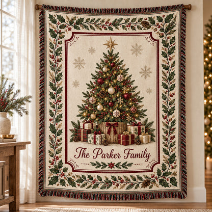 Personalized Christmas Tree Woven Blanket, Custom Family Name Throw with Vintage Holly Berry Border