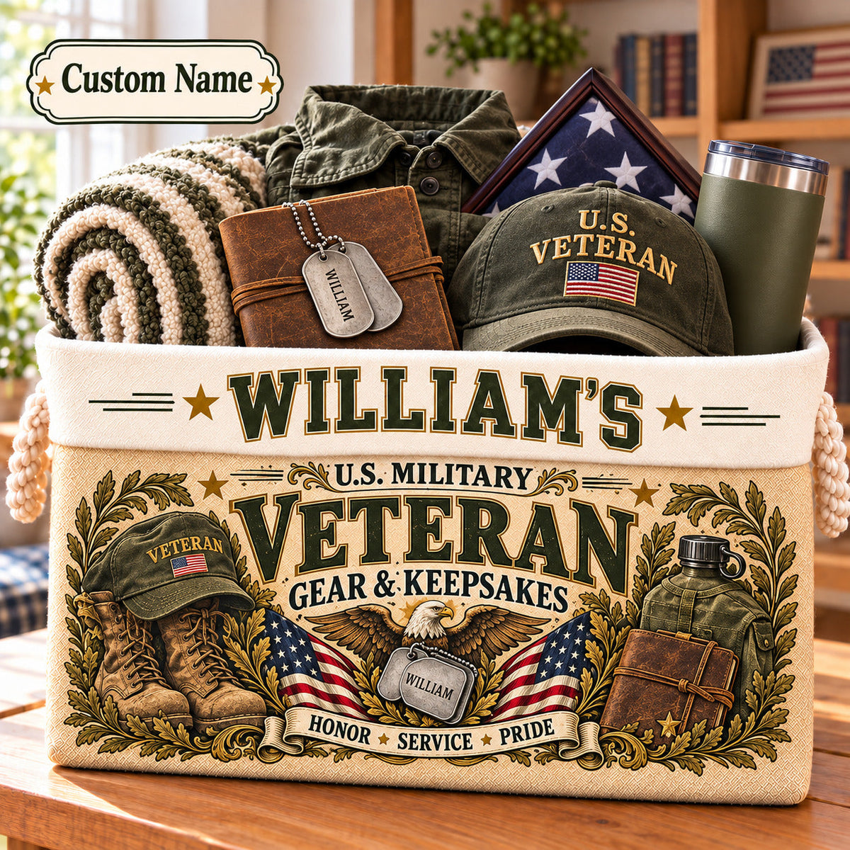 Personalized Veteran Storage Basket, Custom Name Military Keepsake Organizer, Veterans Day Gift