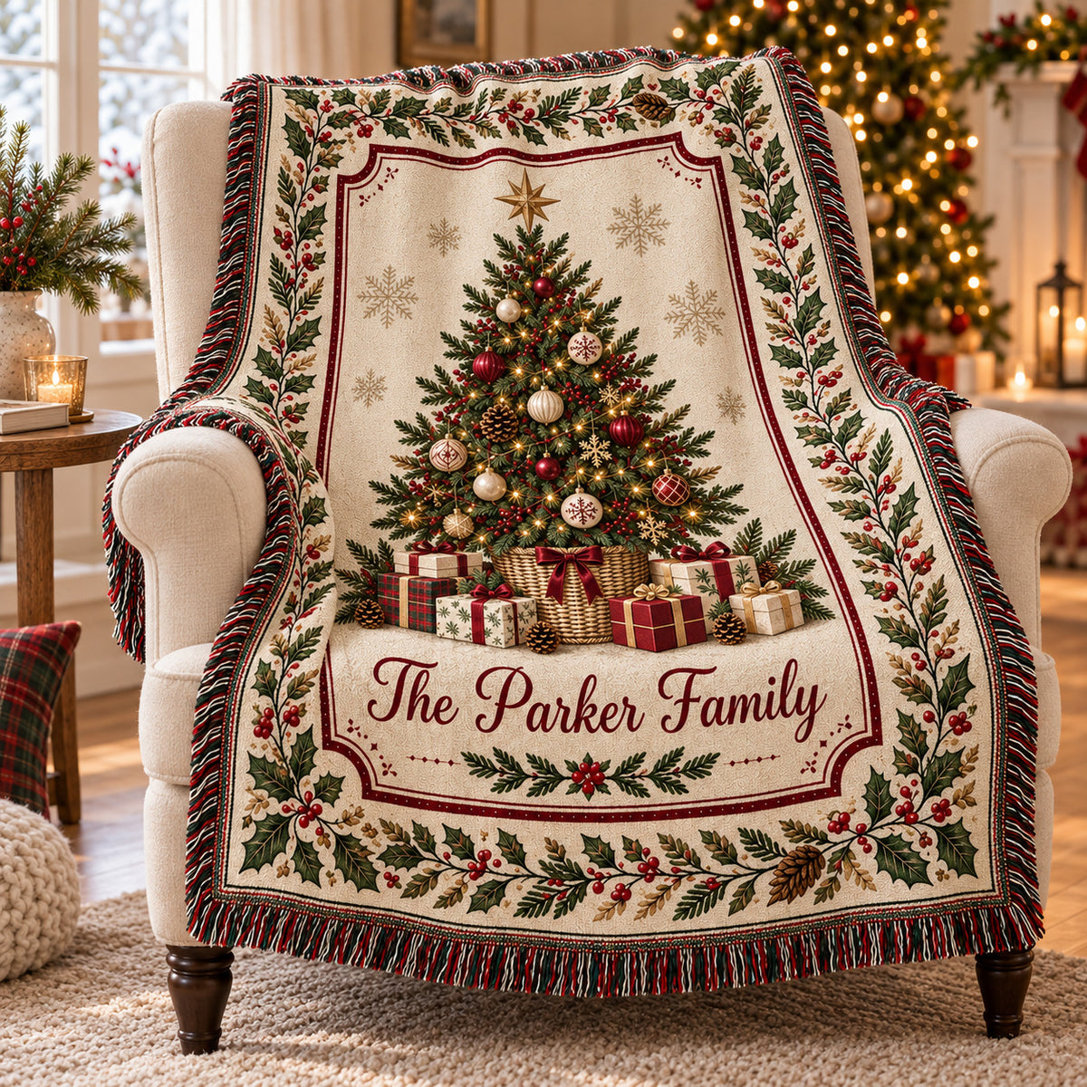 Personalized Christmas Tree Woven Blanket, Custom Family Name Throw with Vintage Holly Berry Border