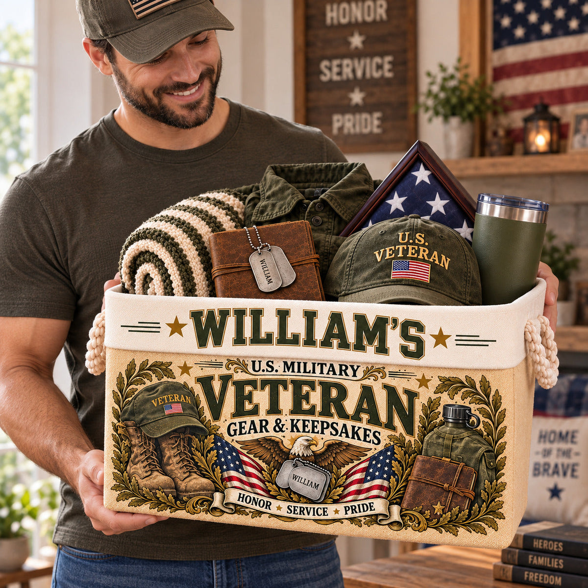 Personalized Veteran Storage Basket, Custom Name Military Keepsake Organizer, Veterans Day Gift