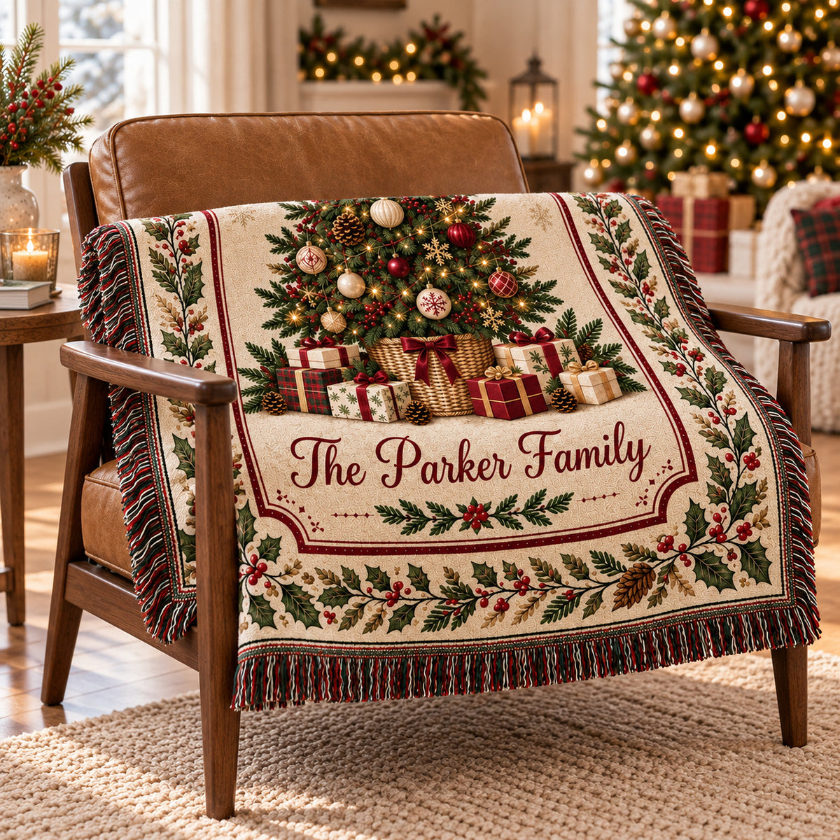 Personalized Christmas Tree Woven Blanket, Custom Family Name Throw with Vintage Holly Berry Border
