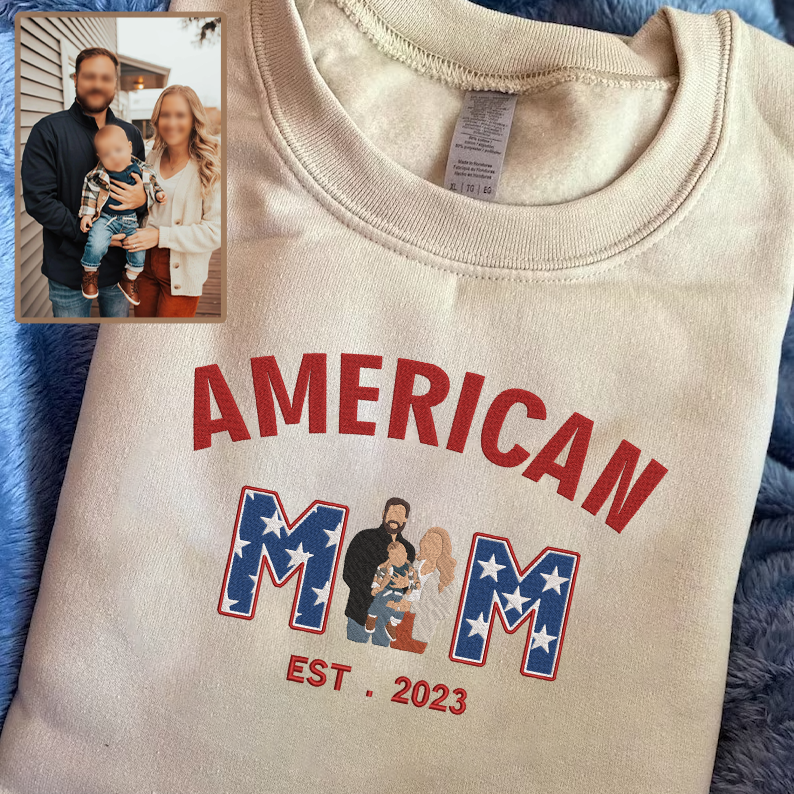 American Mom Personalized Embroidered Family Photo Hoodie Sweatshirt T-Shirt