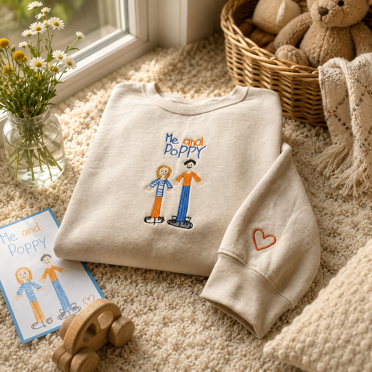 Embroidered Custom Kids Photo Drawing Sweatshirt, Drawing Keepsake Gift, Personalized Photo Crewneck, Unique Gift for Mom Dad