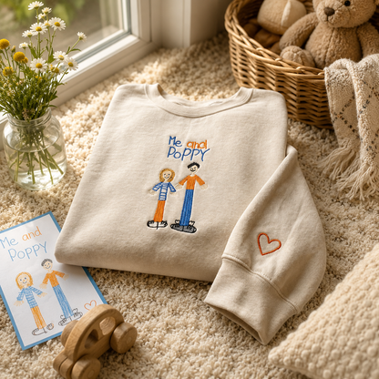 Embroidered Custom Kids Photo Drawing Sweatshirt, Drawing Keepsake Gift, Personalized Photo Crewneck, Unique Gift for Mom Dad