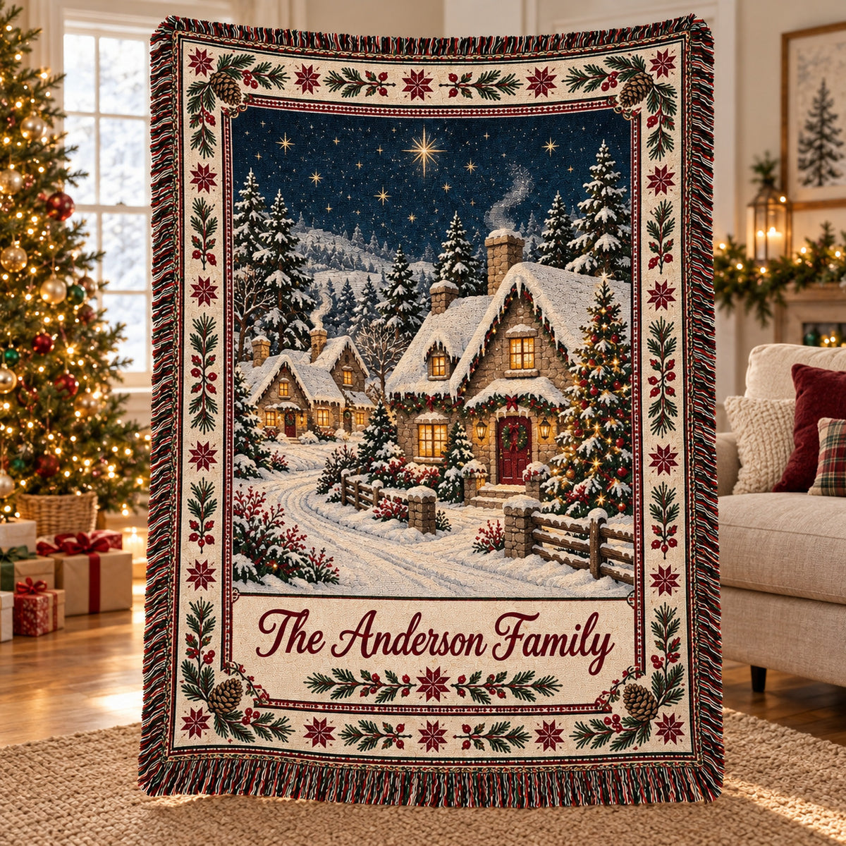 Personalized Christmas Cottage Woven Blanket, Custom Family Name Throw, Snowy Winter Village Holiday Decor
