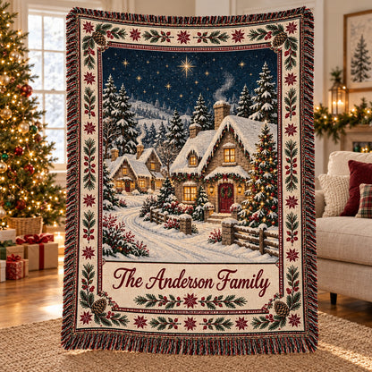 Personalized Christmas Cottage Woven Blanket, Custom Family Name Throw, Snowy Winter Village Holiday Decor