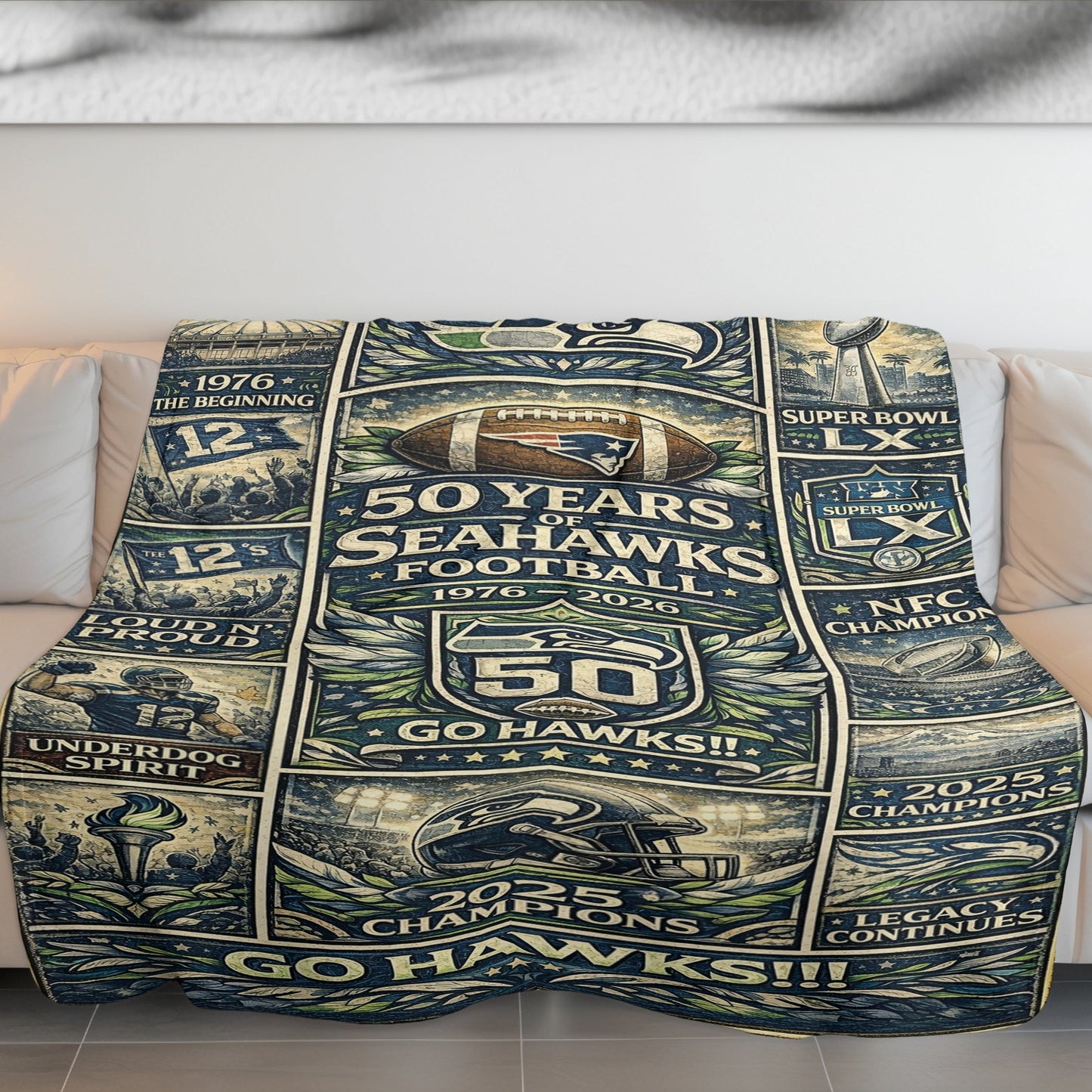 Seattle Seahawks 50 Years Anniversary Go Hawks Vintage Art Blanket