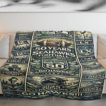 Seattle Seahawks 50 Years Anniversary Go Hawks Vintage Art Blanket