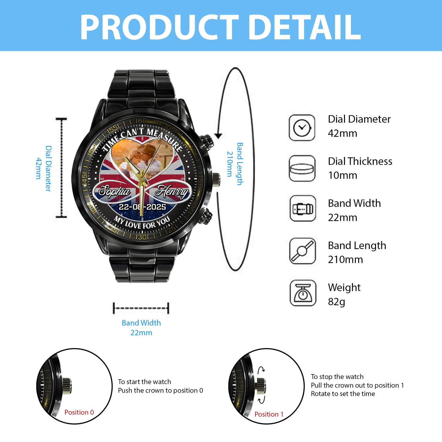 Personalized Family Photo Couple Photo Upload - Custom Stainless Steel Watches - Union Flag Edition