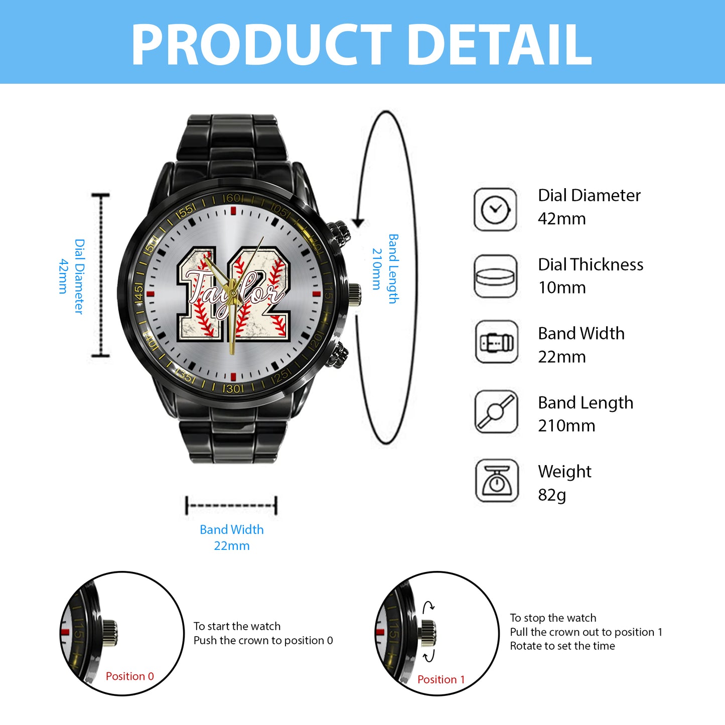 Personalized Baseball Custom Name & Number Watch Father's Day Gift For Him