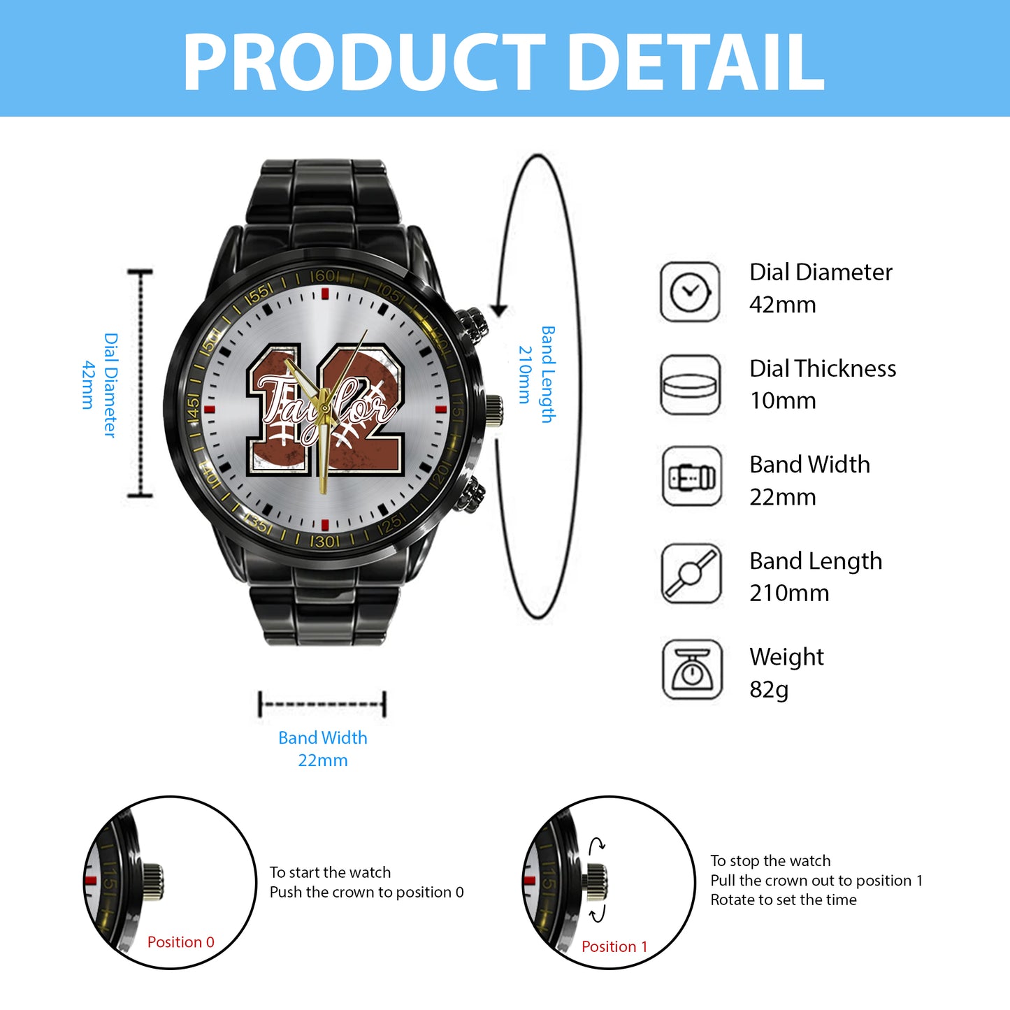 Personalized American Football Custom Name & Number Watch Father's Day Gift For Him