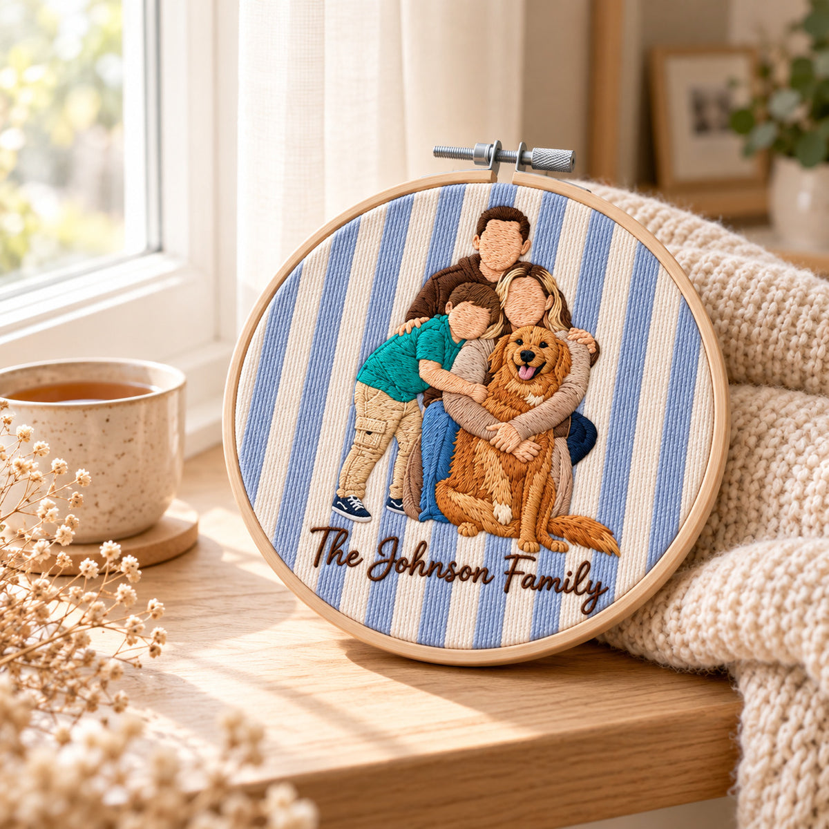 Personalized Photo Ornament, Embroidery Style Portrait with Custom Names, Oval Family Keepsake, Couple or Best Friend Gift - DL01211026