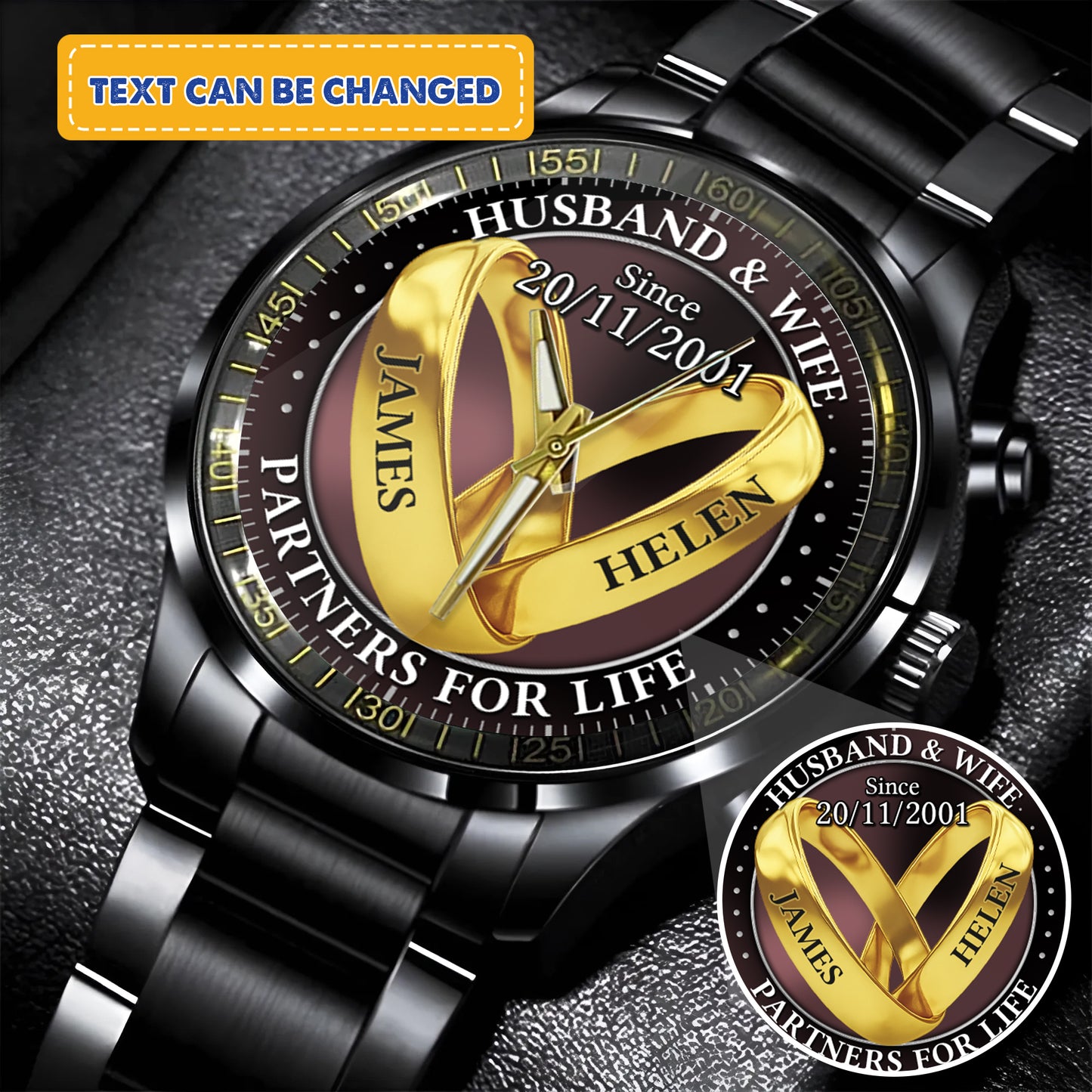Personalized Wedding Rings - Custom Stainnless Steal Black Metal Watch