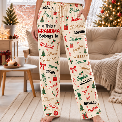 Personalized Grandma Christmas Pajama Set, Green Sweatshirt and Lounge Pants with Grandkids' Names
