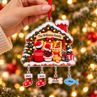 Personalized Family Christmas Ornament with Pets, Custom Name House Ornament, Dog and Cat Keepsake, Family Christmas Gift
