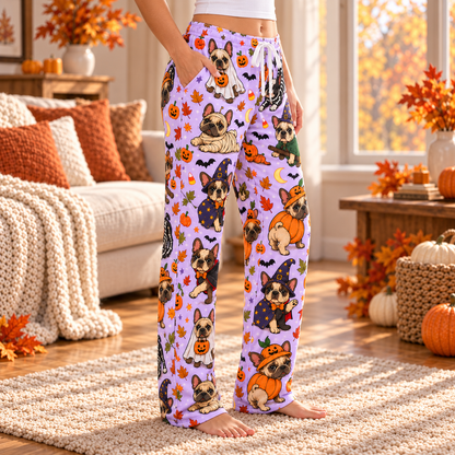 Halloween Custom Dog Breed Spooky Season Women's Wide Leg Straight Pants with Pockets