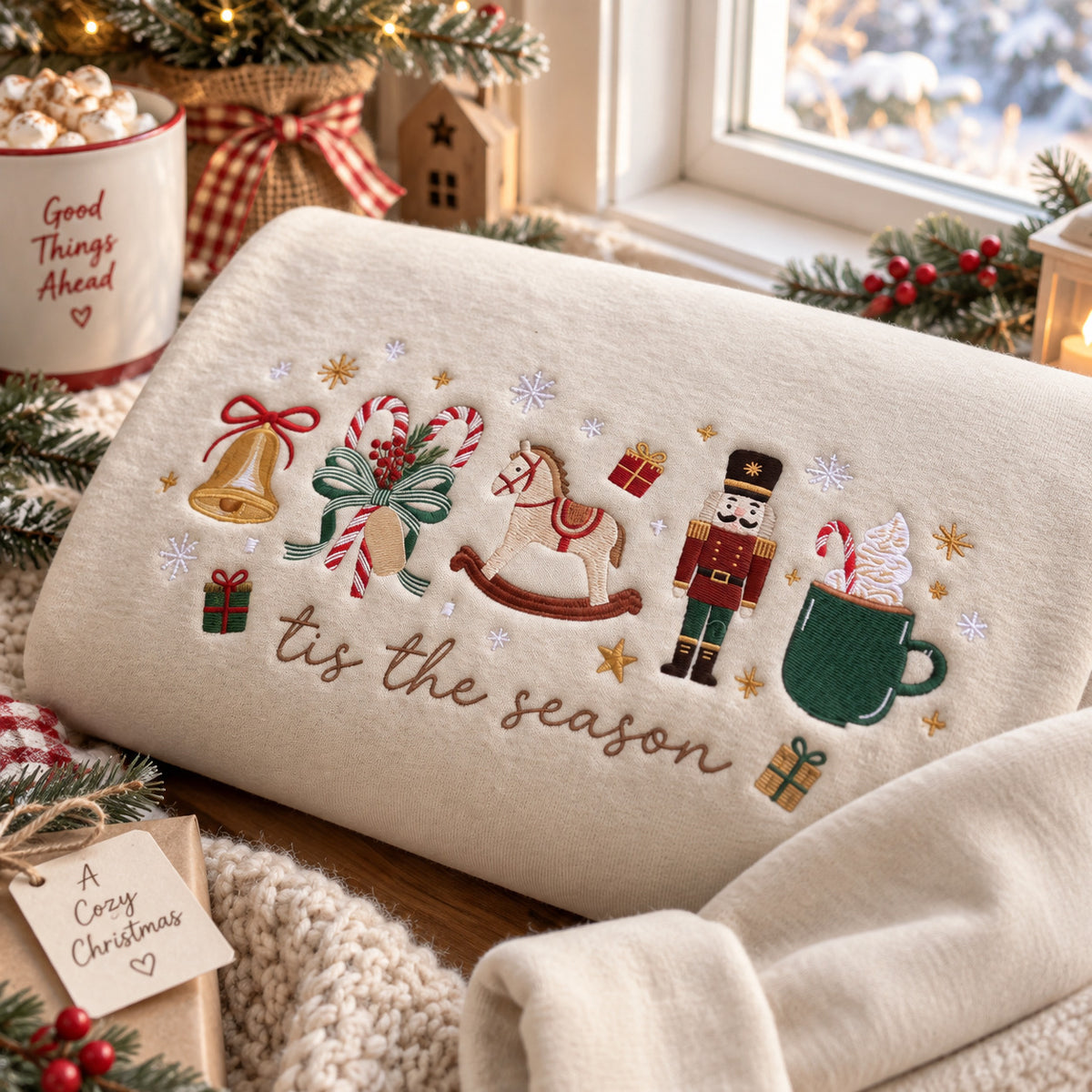 Tis the Season Embroidered Christmas Sweatshirt, Nutcracker and Rocking Horse Design, Navy Holiday Crewneck - DL07041026