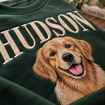 Custom Embroidered Dog Portrait Sweatshirt with Pet Name, Personalized Crewneck - DL01180926
