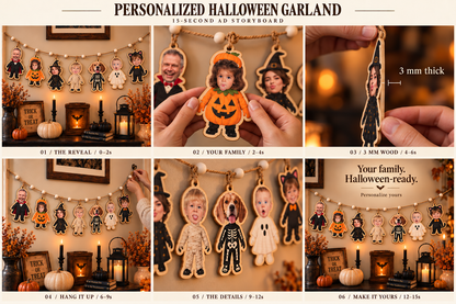 Halloween Personalized Family Members Faces Wooden Garland