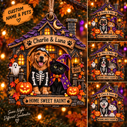 Personalized Halloween Haunted House Custom Pet  Photo & Name Double-Side Printed Wooden Ornament