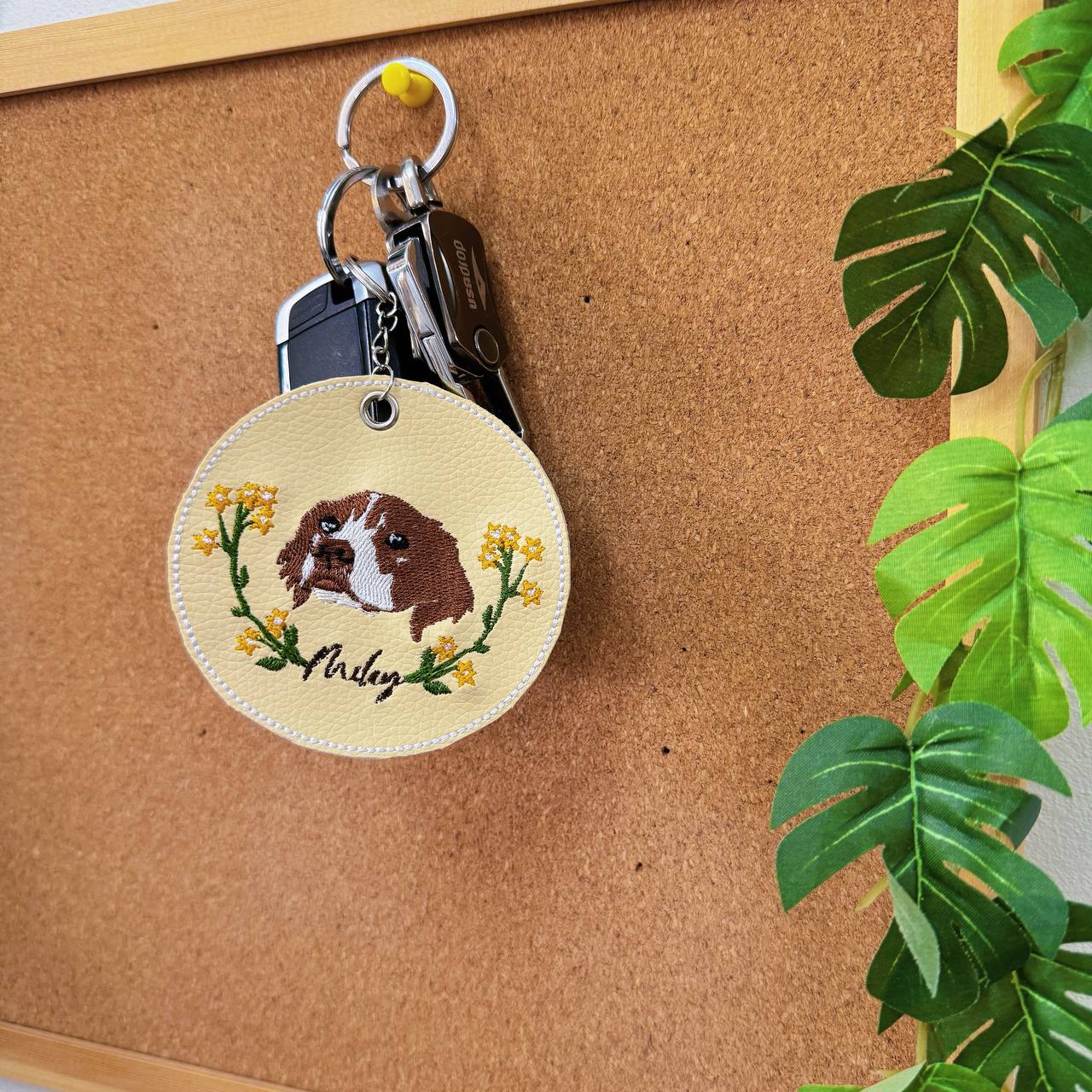 Personalized Embroidered Leather Pet Dog Cat Floral Photo Keychain