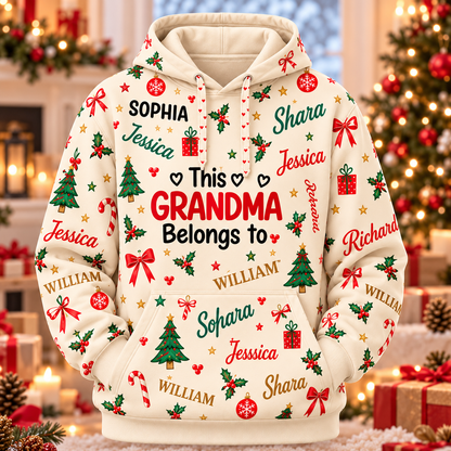 Personalized Grandma Christmas Pajama Set, Green Sweatshirt and Lounge Pants with Grandkids' Names