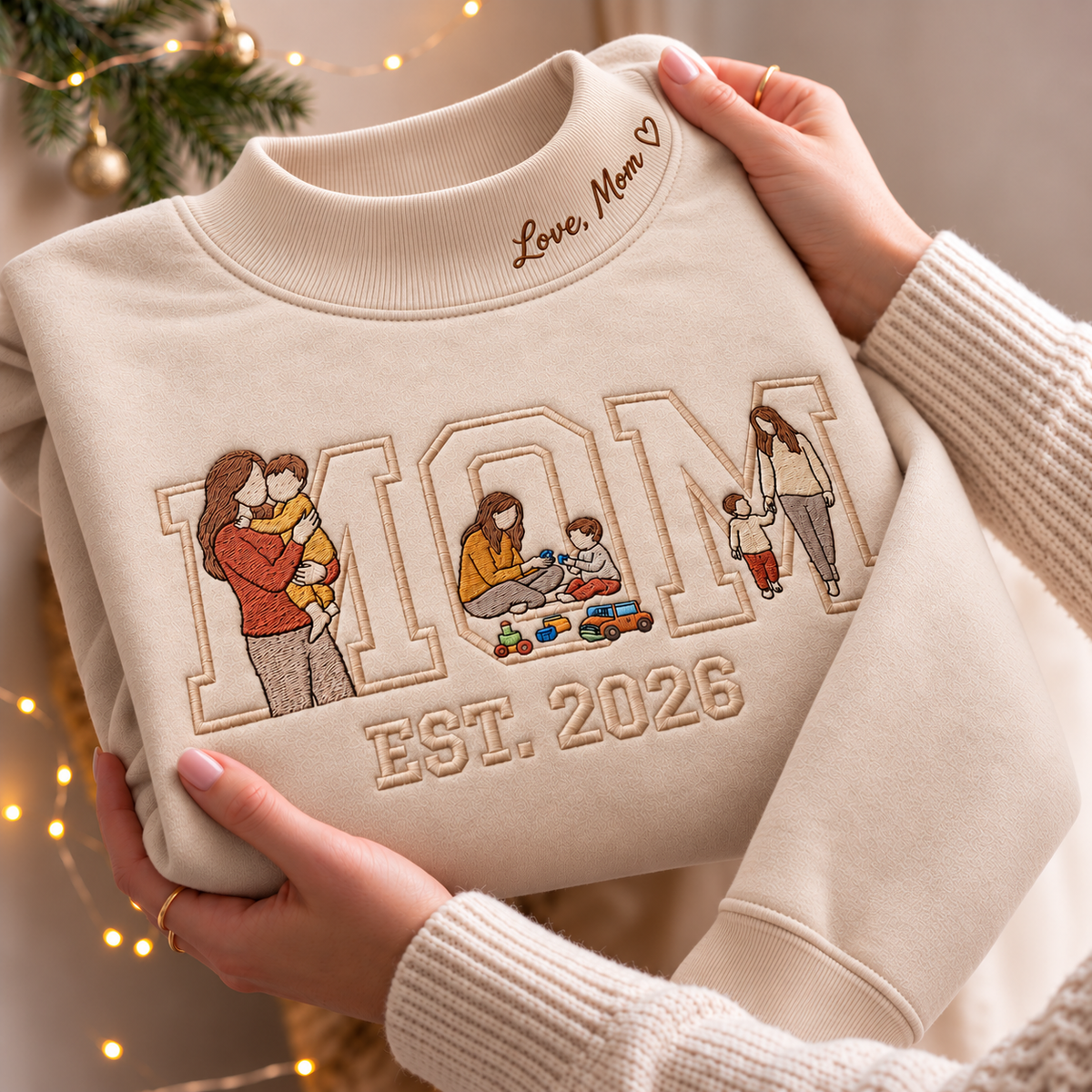 Personalized Embroidered Mom Custom Message On Neck Sweatshirt, Quarter-Zip Sweatshirt