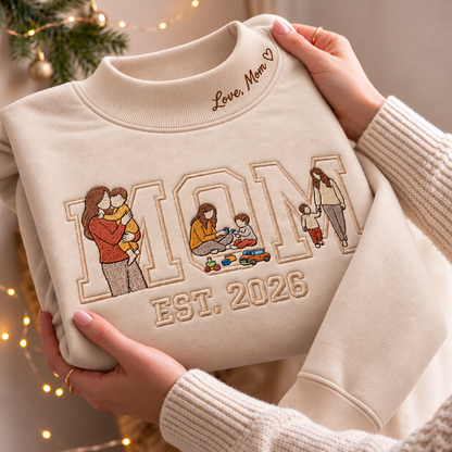 Personalized Embroidered Mom Custom Message On Neck Sweatshirt, Quarter-Zip Sweatshirt