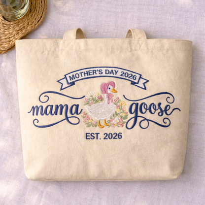 Personalized Mama Goose Mother's Day Embroidered Tote Bag - Vintage Striped Beach Tote