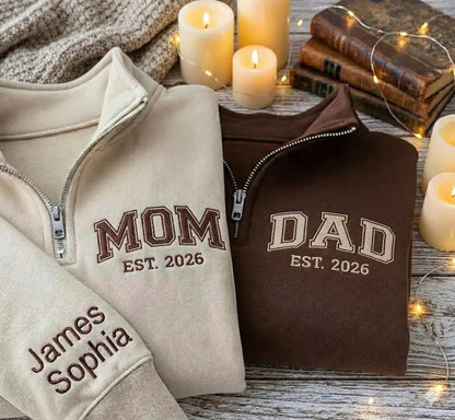 Embroidered Mother's Day Father's Day With Name On Sleeve Quarter-Zip Sweatshirt, Hoodie Sweatshirt T-Shirt