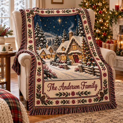 Personalized Christmas Cottage Woven Blanket, Custom Family Name Throw, Snowy Winter Village Holiday Decor