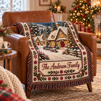 Personalized Christmas Cottage Woven Blanket, Custom Family Name Throw, Snowy Winter Village Holiday Decor
