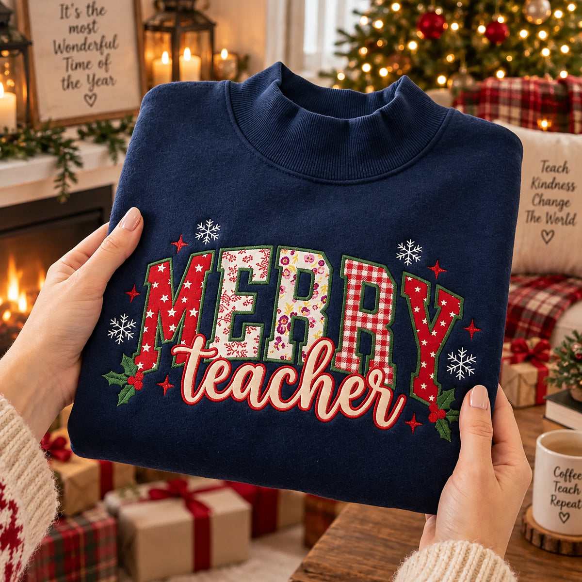 Merry Teacher Christmas Sweatshirt, Embroidered Patchwork Lettering, Burgundy Holiday Pullover, Teacher Appreciation Gift - DL10061026