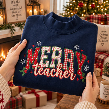 Merry Teacher Christmas Sweatshirt, Embroidered Patchwork Lettering, Burgundy Holiday Pullover, Teacher Appreciation Gift - DL10061026