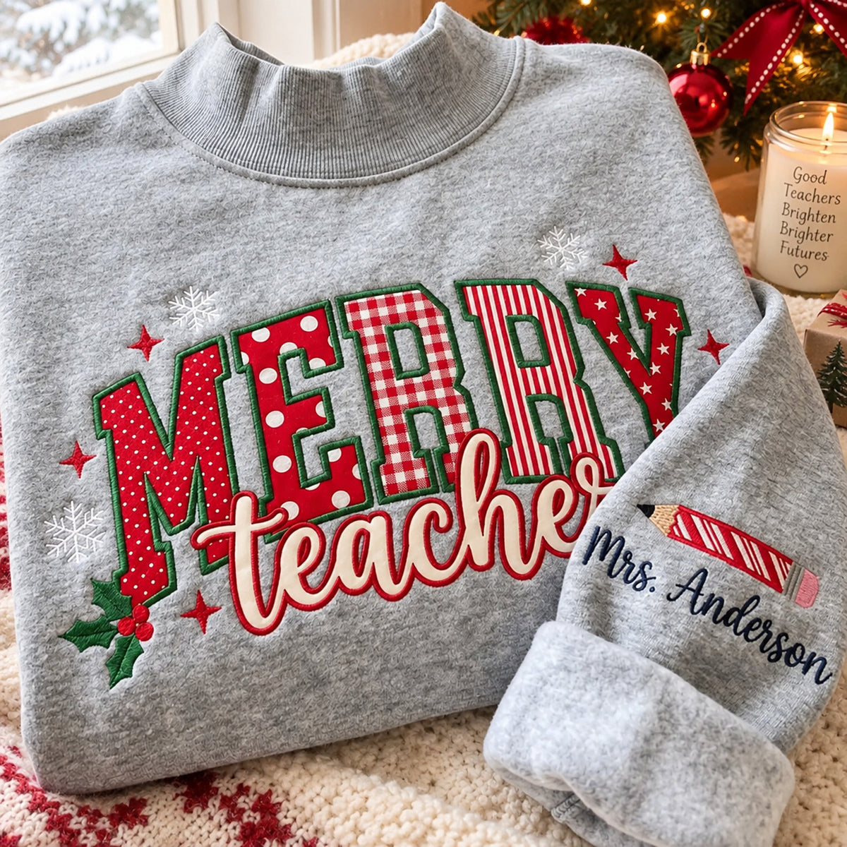 Merry Teacher Christmas Sweatshirt, Embroidered Patchwork Lettering, Burgundy Holiday Pullover, Teacher Appreciation Gift - DL10061026
