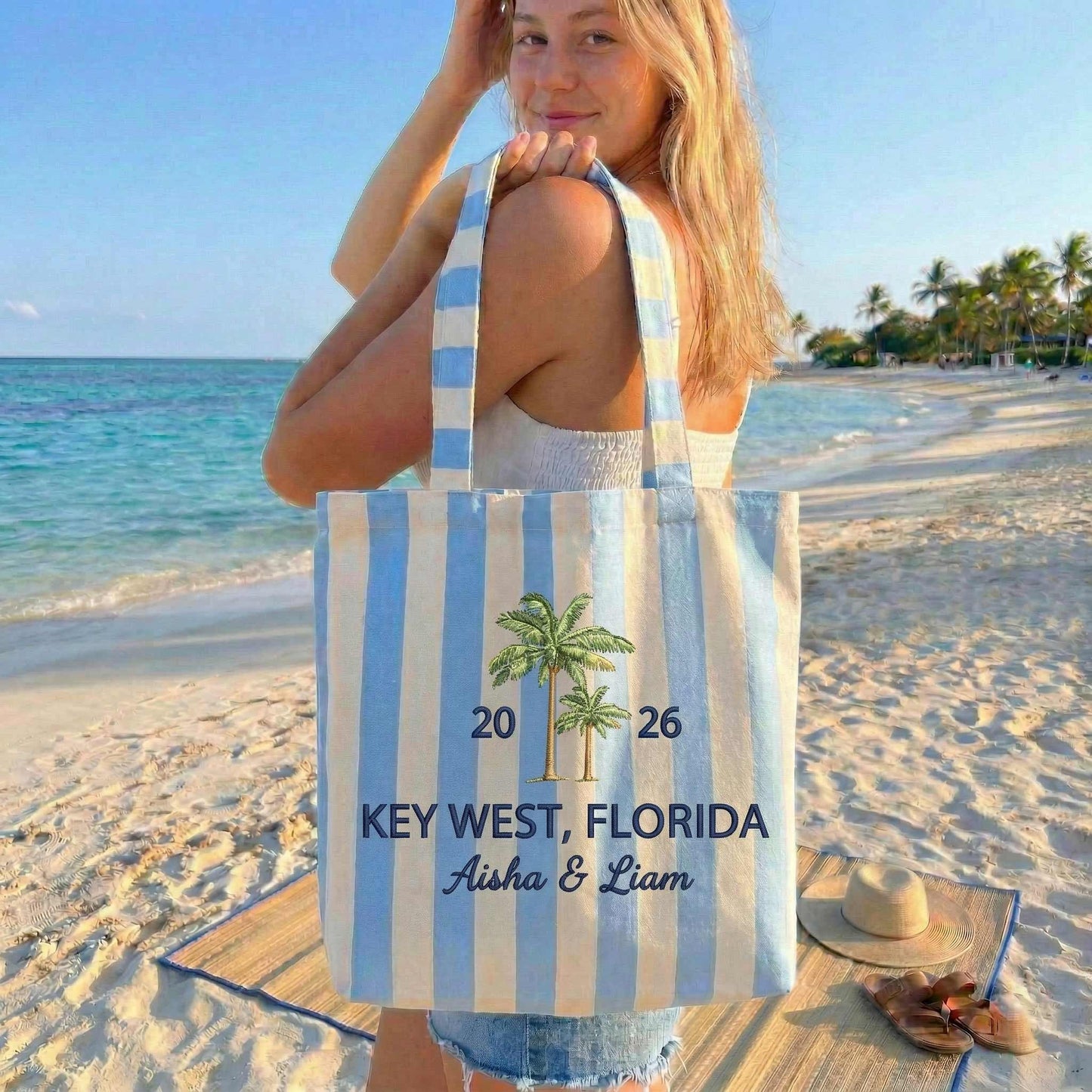 Personalized Palm Tree Custom Location & Names Embroidered Tote Bag - Vintage Striped Beach Tote