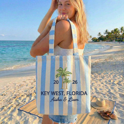 Personalized Palm Tree Custom Location & Names Embroidered Tote Bag - Vintage Striped Beach Tote